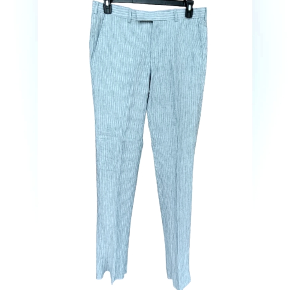 New Men's 34 Hartling 100% Linen Trouser Pants Pin Stripe Light Blue White NWT